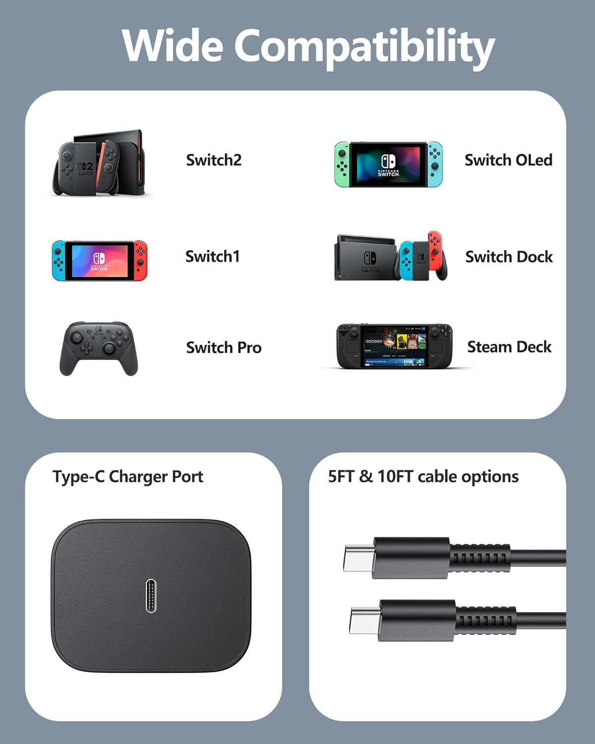 Cargador USB-C 60W para Nintendo Switch 1 y 2 - Compatible con Dock